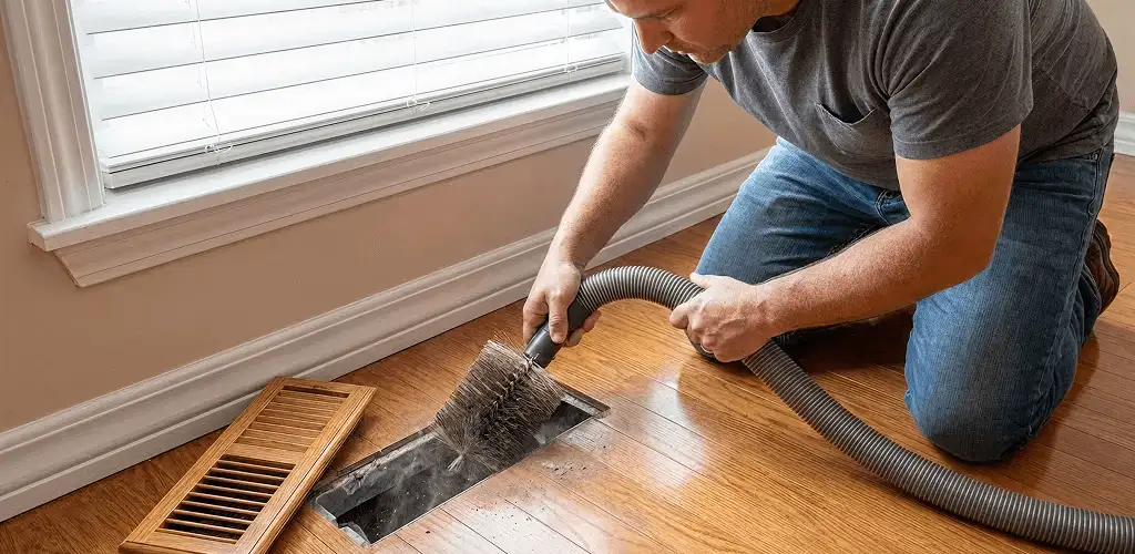 Air duct cleaning technician vacuuming a floor vent and duct opening in Madison, WI