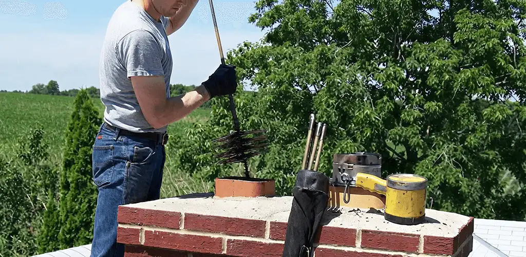 Chimney cleaning technician working on a rooftop chimney with professional tools in Madison, WI