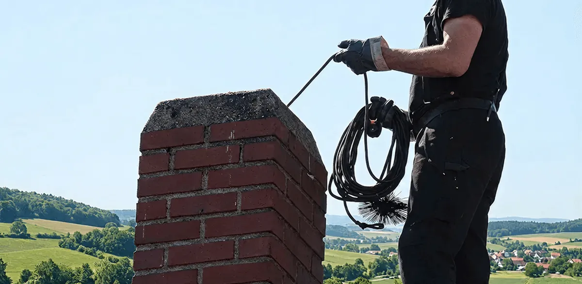 Chimney sweep inspecting and cleaning a rooftop chimney in Madison, WI