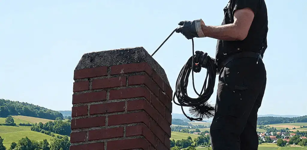 Chimney sweep inspecting and cleaning a rooftop chimney in Madison, WI