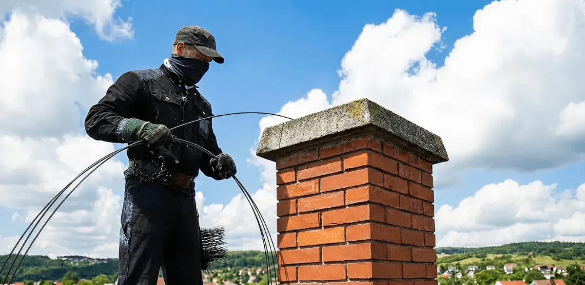 Chimney sweep cleaning a brick chimney with professional tools in Madison, WI