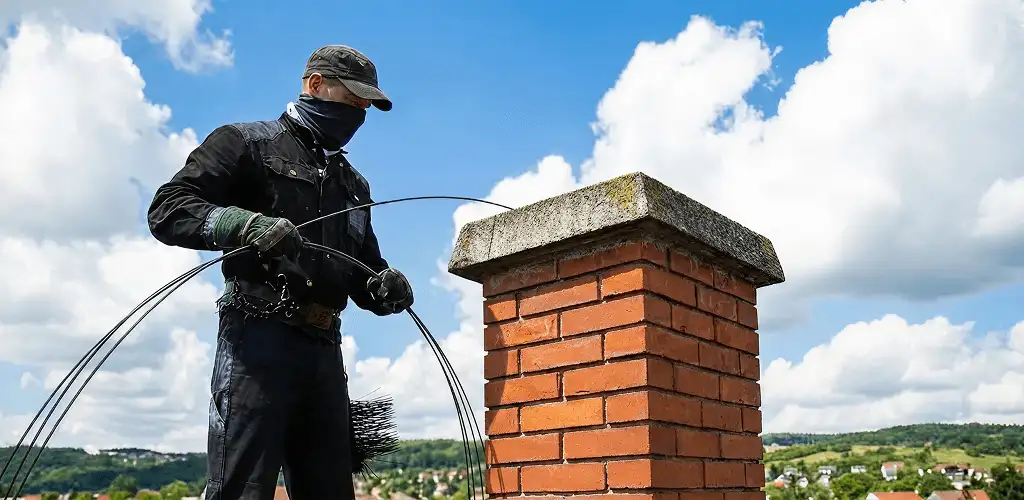Chimney sweep cleaning a brick chimney with professional tools in Madison, WI