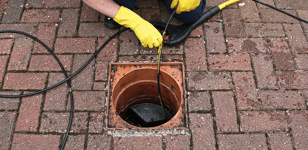 Drain cleaning technician using a drain snake to clear a clogged drain in Madison, WI