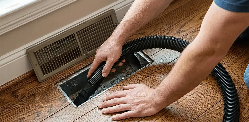 Air duct cleaning technician vacuuming a floor register and duct opening in Madison, WI