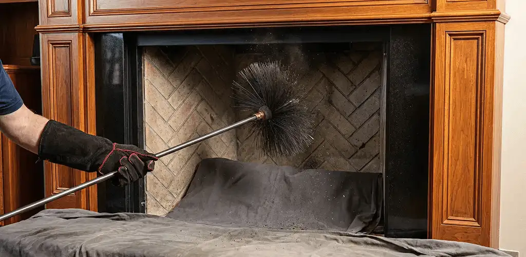 Chimney cleaning service brushing soot from a fireplace and flue in Madison, WI
