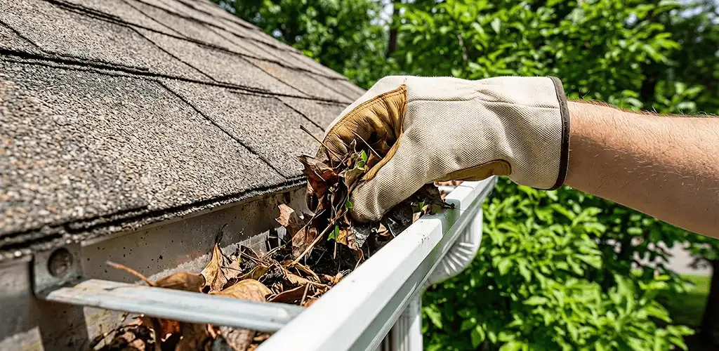 Gutter cleaning removing leaves and debris from roof gutters in Madison, WI