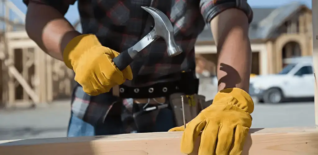 Handyman fixing wood trim with a hammer for home repairs in Madison, WI