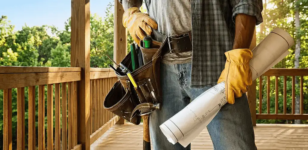 Professional handyman with tool belt ready for home repairs in Madison, WI