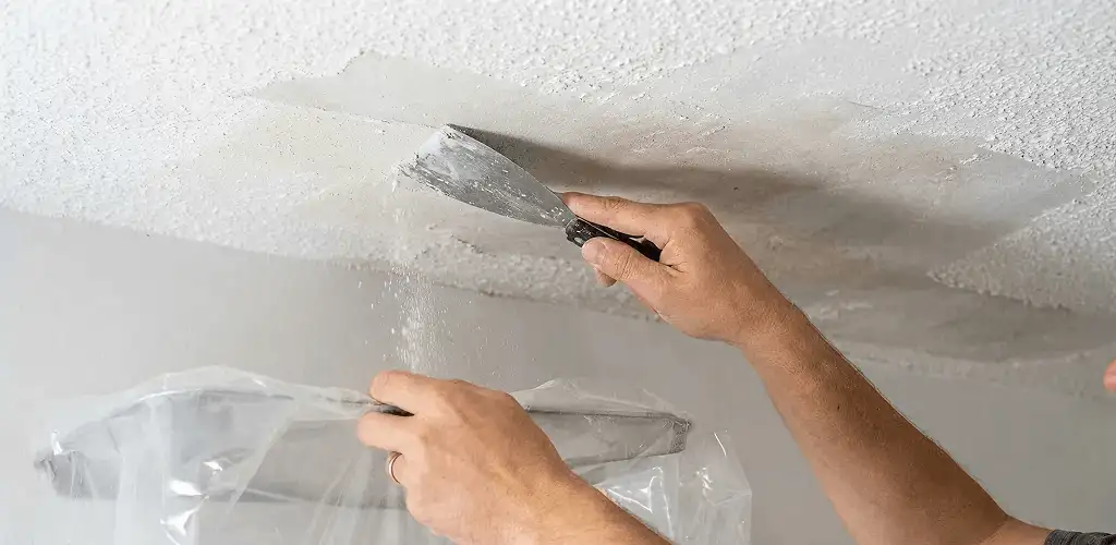 Popcorn ceiling removal technician scraping texture from a ceiling in Madison, WI