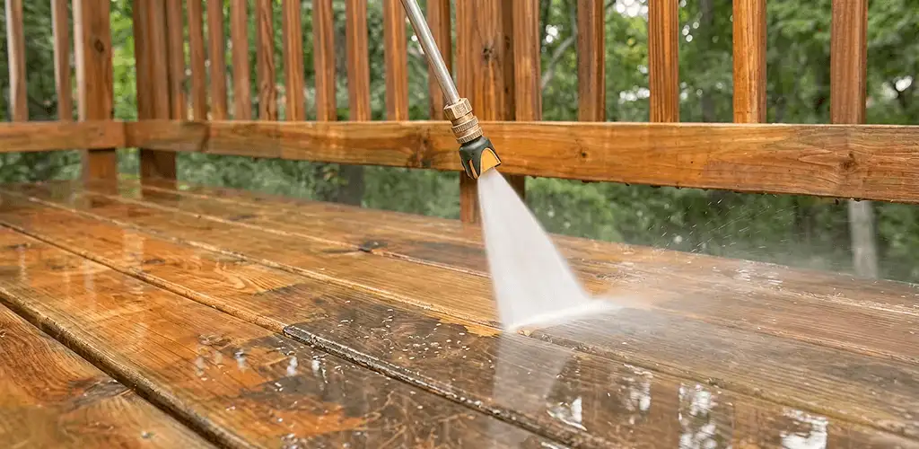 Pressure washing a wood deck to remove dirt and buildup in Madison, WI