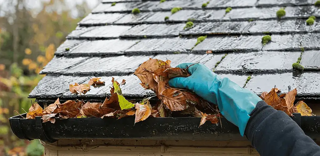 Gutter cleaning technician clearing wet leaves from roof gutters in Madison, WI