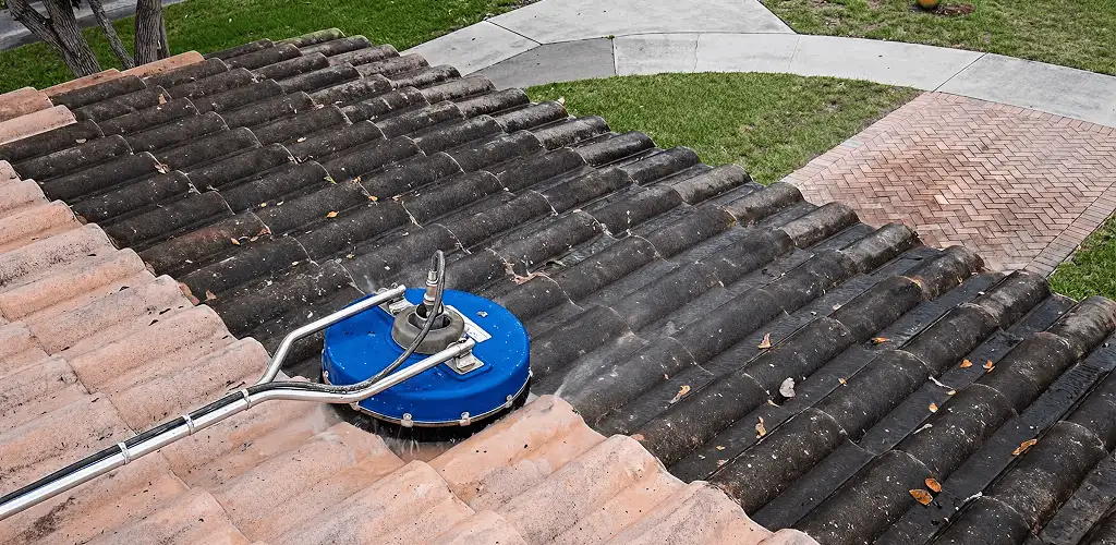 Roof pressure cleaning removing debris and buildup from roof tiles in Madison, WI