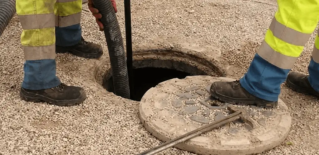 Drain cleaning crew clearing a sewer access point with professional equipment in Madison, WI