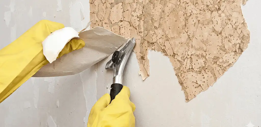 Wallpaper removal service stripping old wallpaper from a wall in Madison, WI